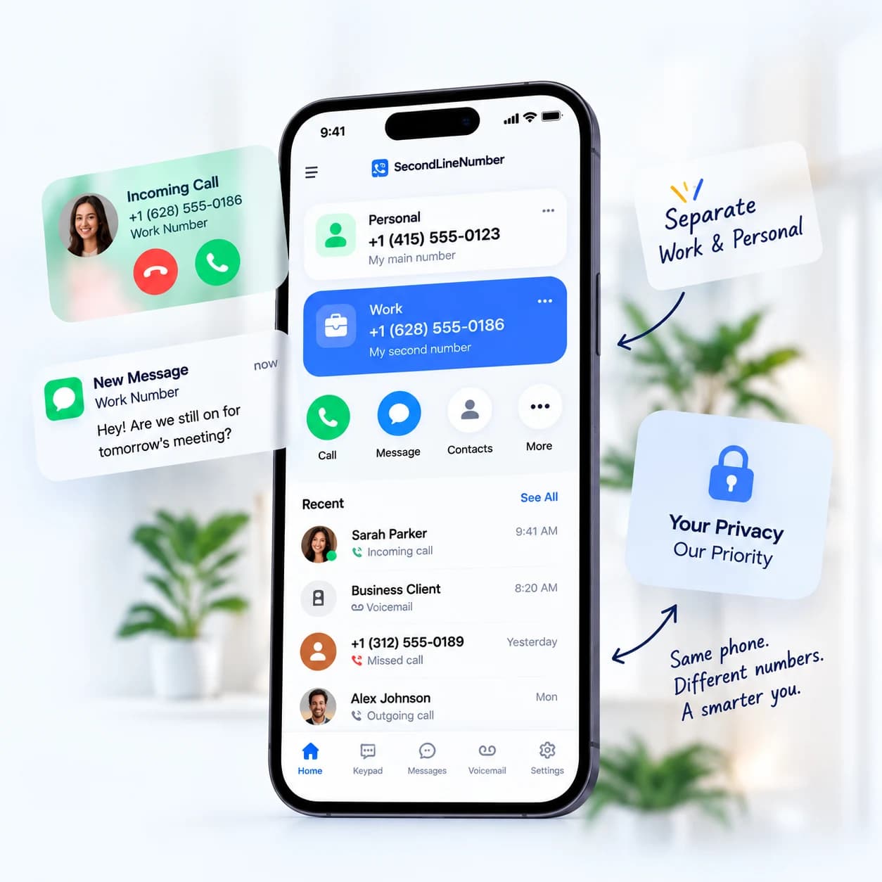 2lines app with personal and work numbers, call and message previews, and privacy reminders